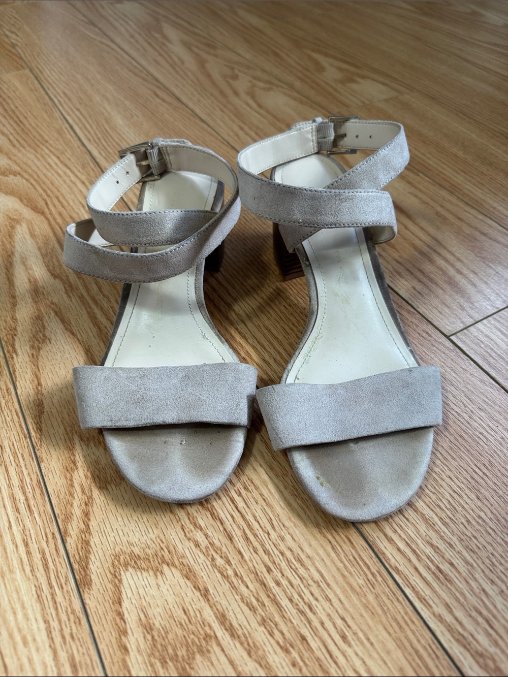 Nine West Taupe Suede Ankle-Strap Block Heels